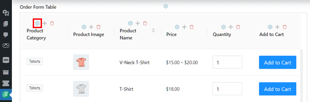 Product category table element gear icon