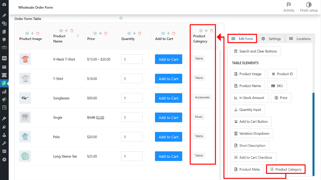 Dragging and dropping the Product Category table element into an order form's Form Table section