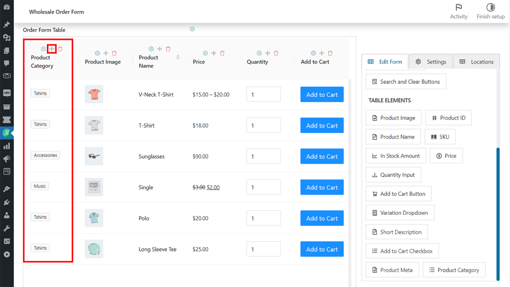 Repositioning the Product Category table element column on the Form Table