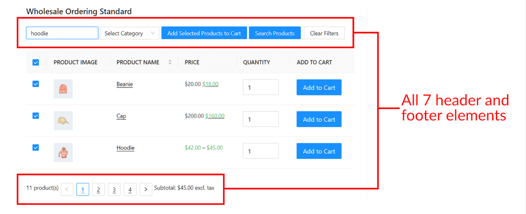 A wholesale order form with all seven header and footer elements