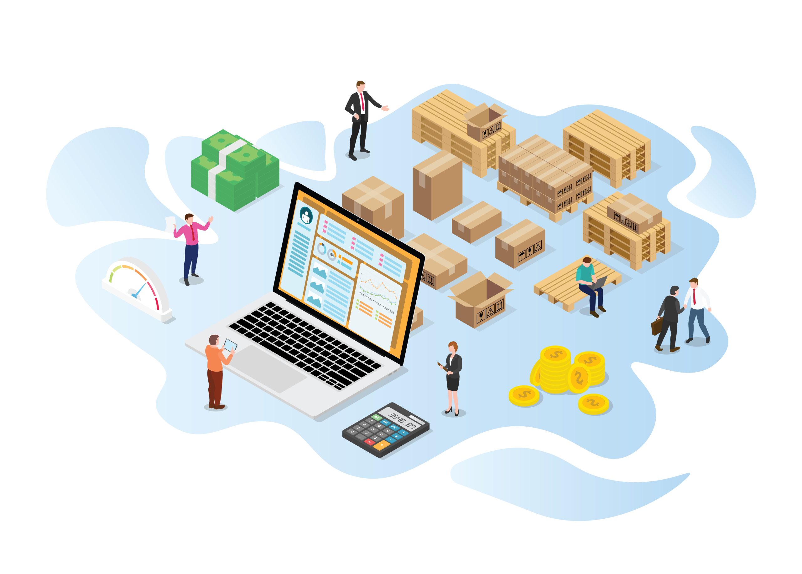 inventory or logistics optimization concept with modern isometric or 3d style - Wholesale Suite A laptop displays inventory analytics and dashboards, surrounded by pallets, boxes, coins, calculator, dollar bills, and business people managing operations and logistics