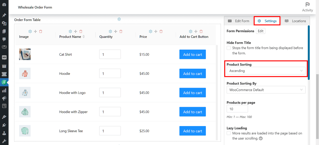 Settings - Product Sorting