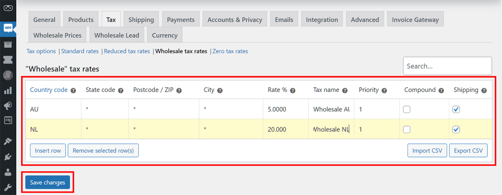 Setting the wholesale tax rate for each country or state