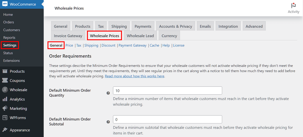 WooCommerce > Settings > Wholesale Prices