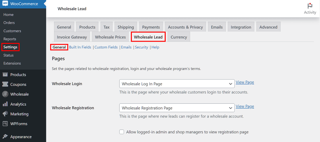 The Wholesale Lead Capture settings