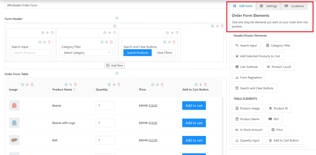 Wholesale Order Form plugin features a  drag-and-drop form builder, where you can effortlessly arrange these elements in an intuitive layout 