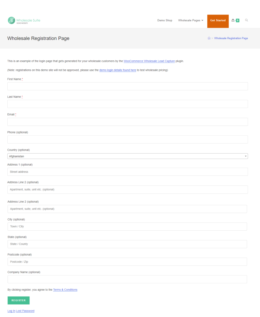 Sample registration form made using Wholesale Lead Capture 