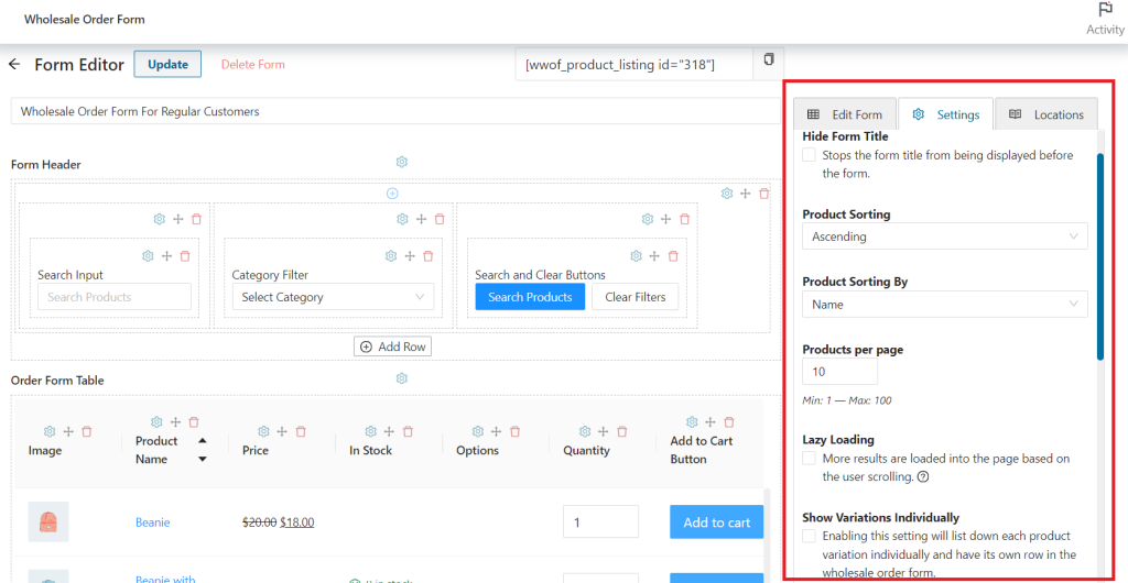 Edit product catalog setting on Wholesale Order Form 