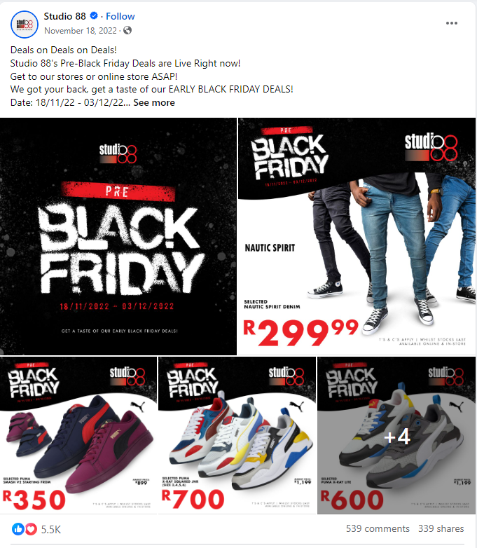 Studio 88 Pre-Black Friday Deals promotional post featuring various discounted sneakers and denim products