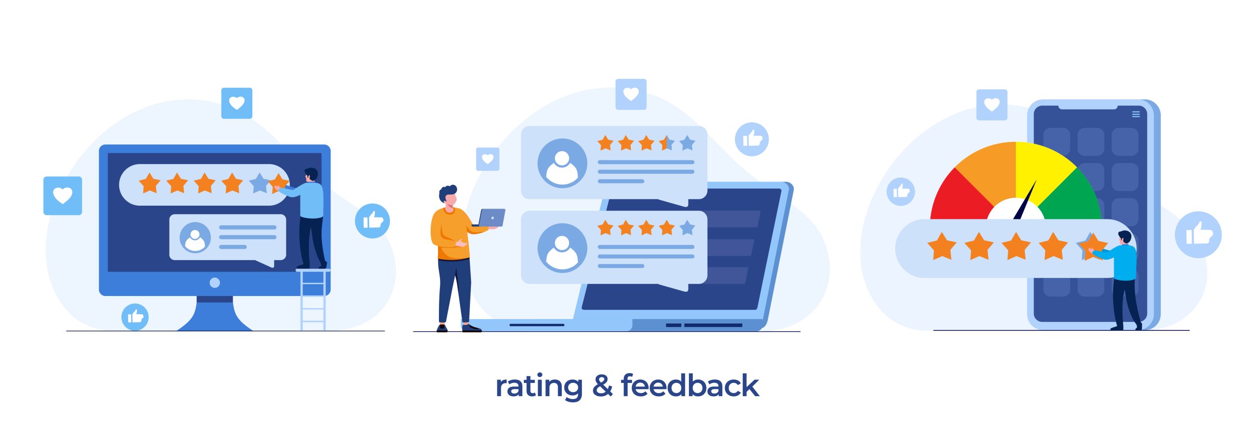 Customer feedback - Wholesale Suite customer feedback across devices: a computer, a laptop, and a smartphone, each displaying star ratings, review comments, and approval icons
