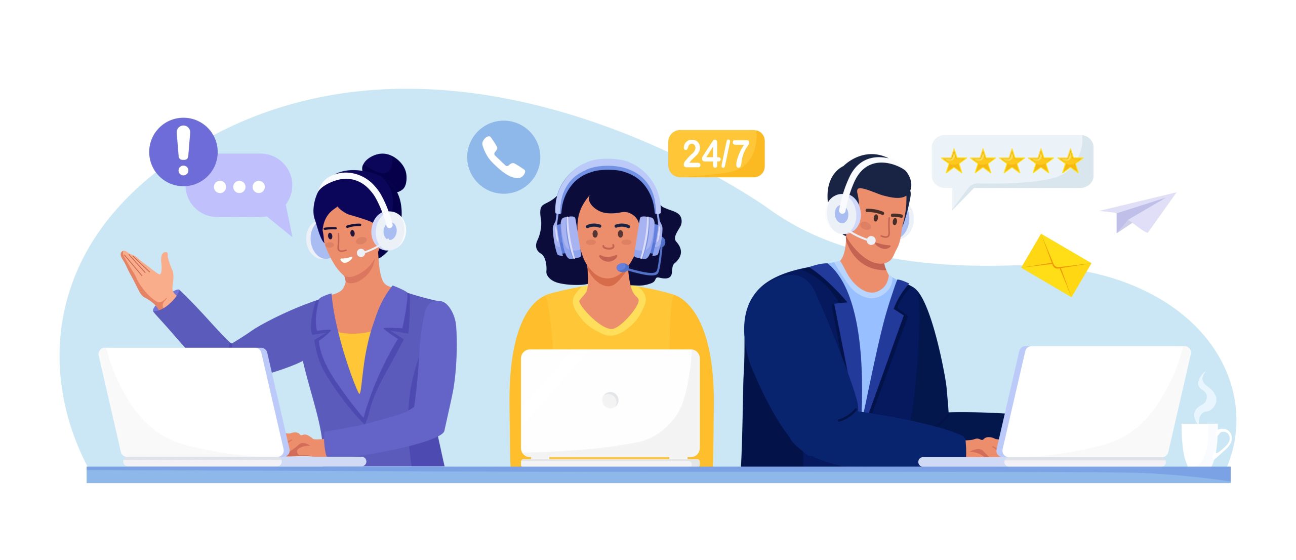 deliver-top-tier-customer-service-to-foster-b2b-customer-loyalty - Wholesale Suite three customer service representatives wearing headsets and working on laptops, surrounded by icons for 24/7 support, phone calls, messages, and customer satisfaction ratings