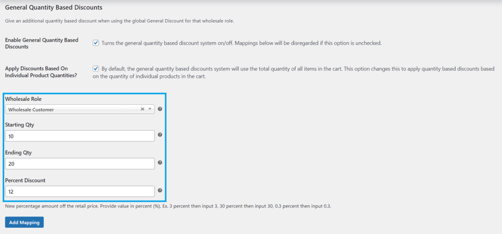 Select the wholesale role applicable and set the starting and ending quantity ranges for your discount