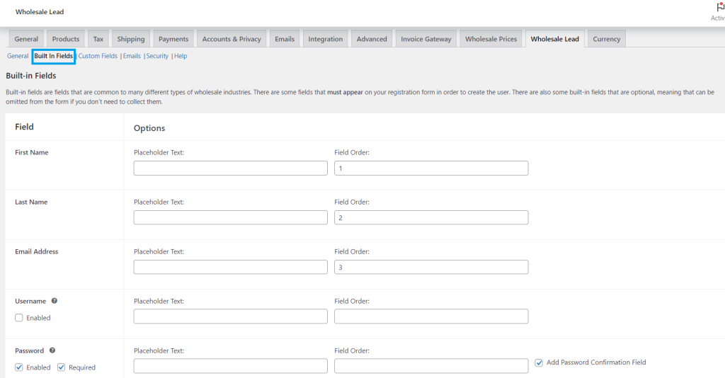 Wholesale Lead Capture Built In Fields Settings 