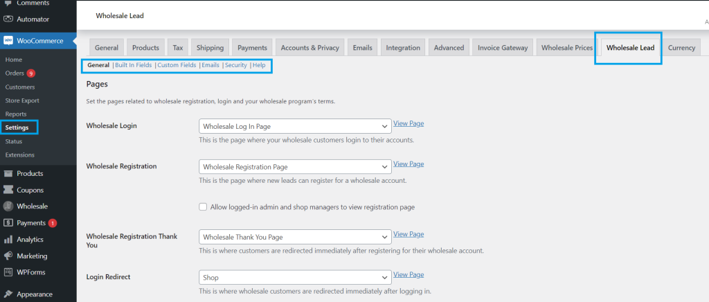 Wholesale Lead Capture settings