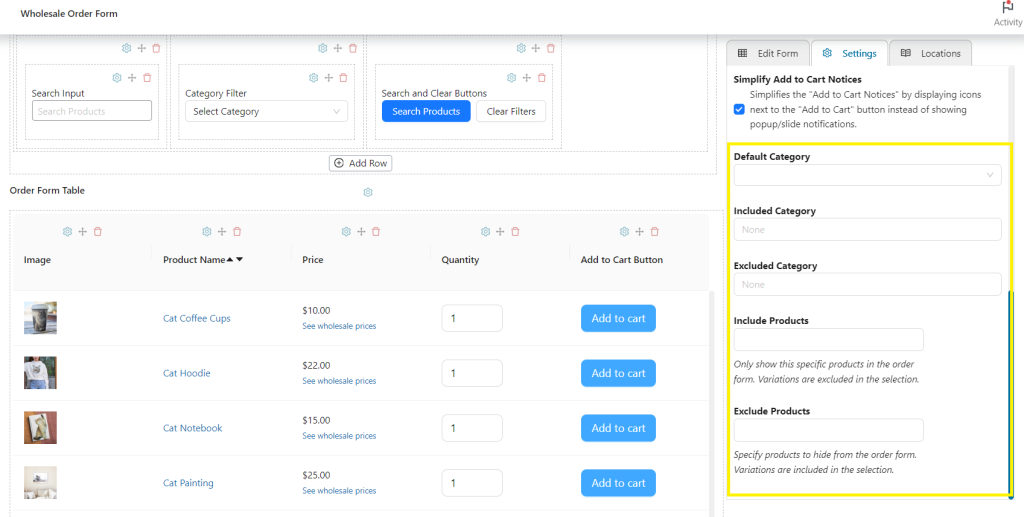 Category filters on Wholesale Order Form 