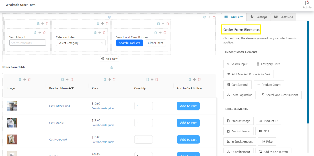 Wholesale Order Form's drag and drop interface 