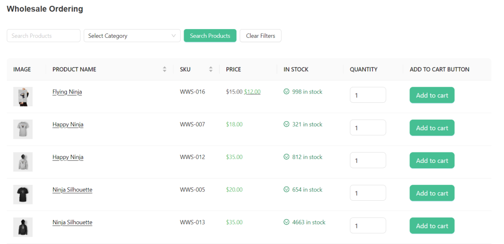 A screenshot of a wholesale order form for B2B buyers. 