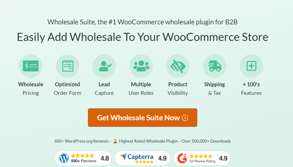 Screenshot of Wholesale Suite's ladning page, showcasing core features like wholesale pricing, lead capture, order form and flexible payment terms. 