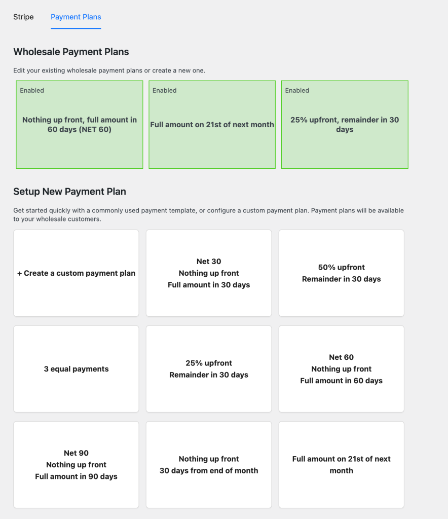 Screenshot of Wholesale Payments' default payment plans. 