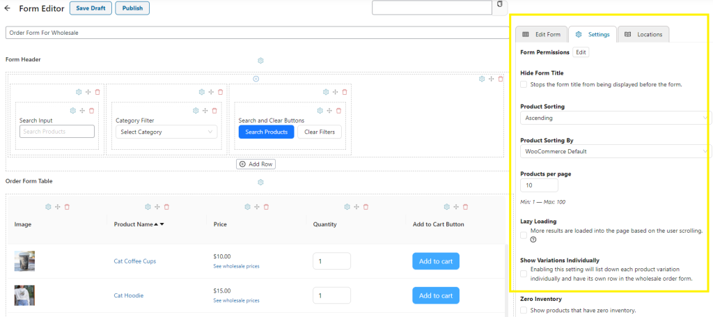 Order form settings 