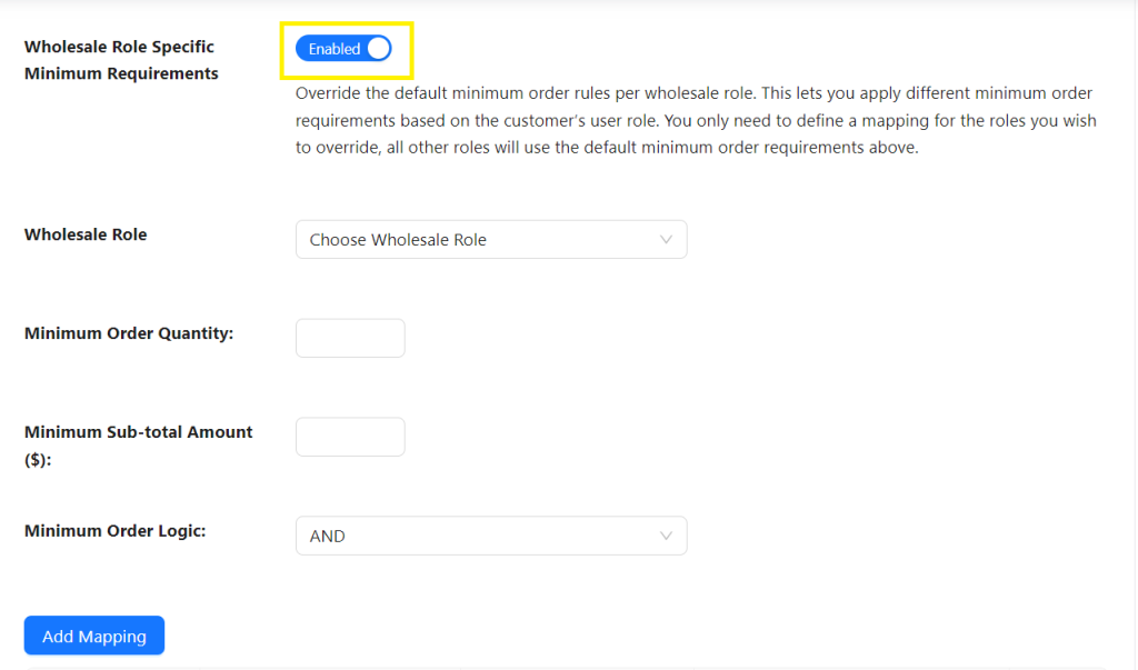 Mapping MOQs for specific customer user roles 