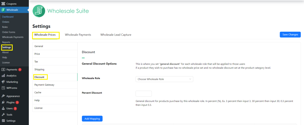 Wholesale Prices Premium settings page