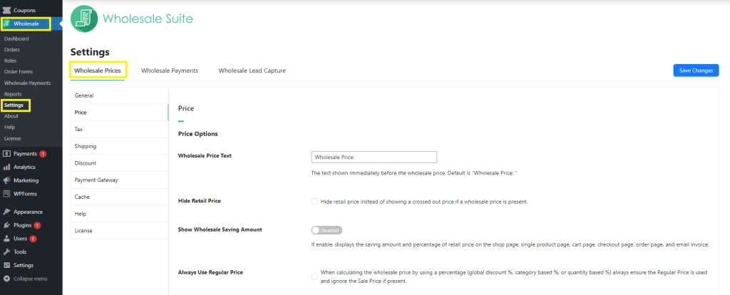 Wholesale Prices Premium settings page 