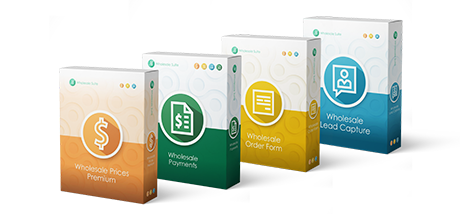 Wholesale Suite product boxes, representing four WooCommerce plugins that elevate the B2B experience. 