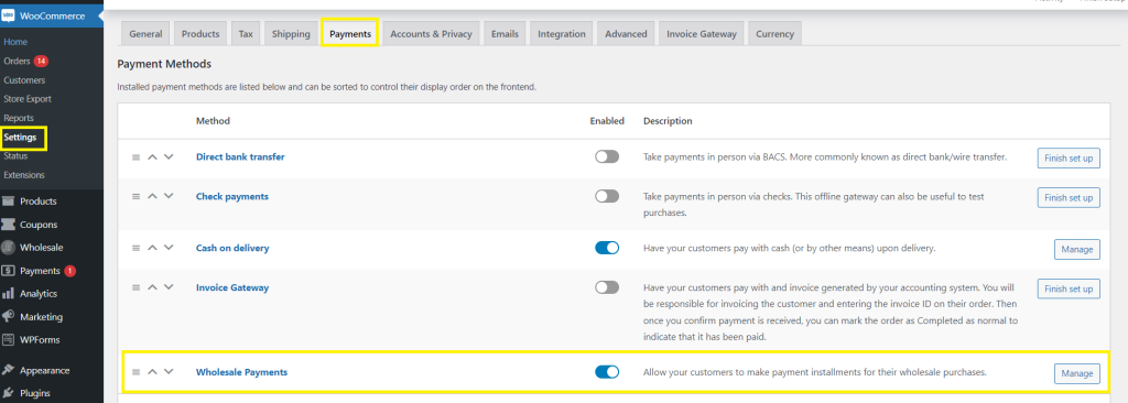 Enable Wholesale Payments as a WooCommerce payment method 