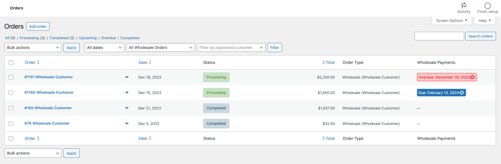 Screenshot of a the WooCommerce order dashboard, featuring the Wholesale Payments tab. 