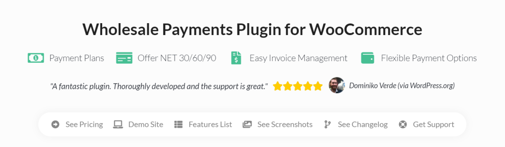 Wholesale Payments key features including flexible payment terms, invoice management and custom payment plans. 