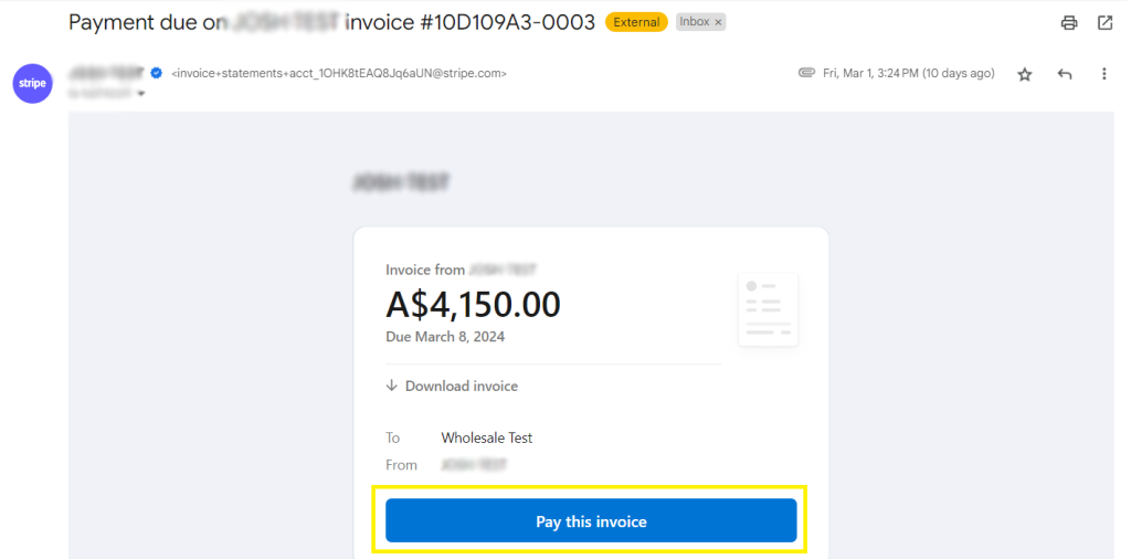 Screenshot a an automated invoice email from Wholesale Payments. 
