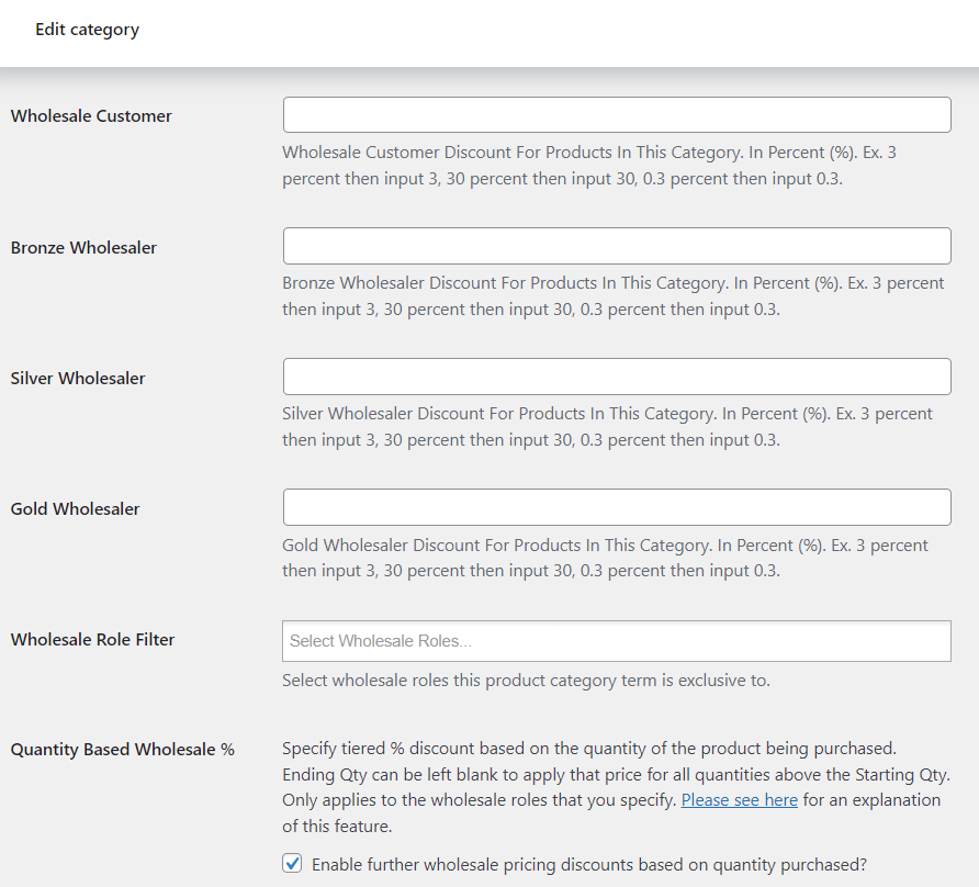 Tweaking discounts for wholesale user roles in the product category level