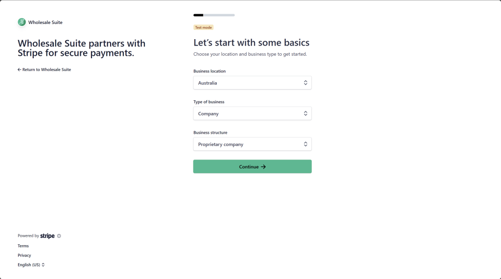 signup page for stripe shown while connecting to Wholesale Suite