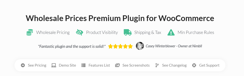 A screenshot of Wholesale Prices Premium's landing page, showcasing features like managing wholesale pricing and shipping. 