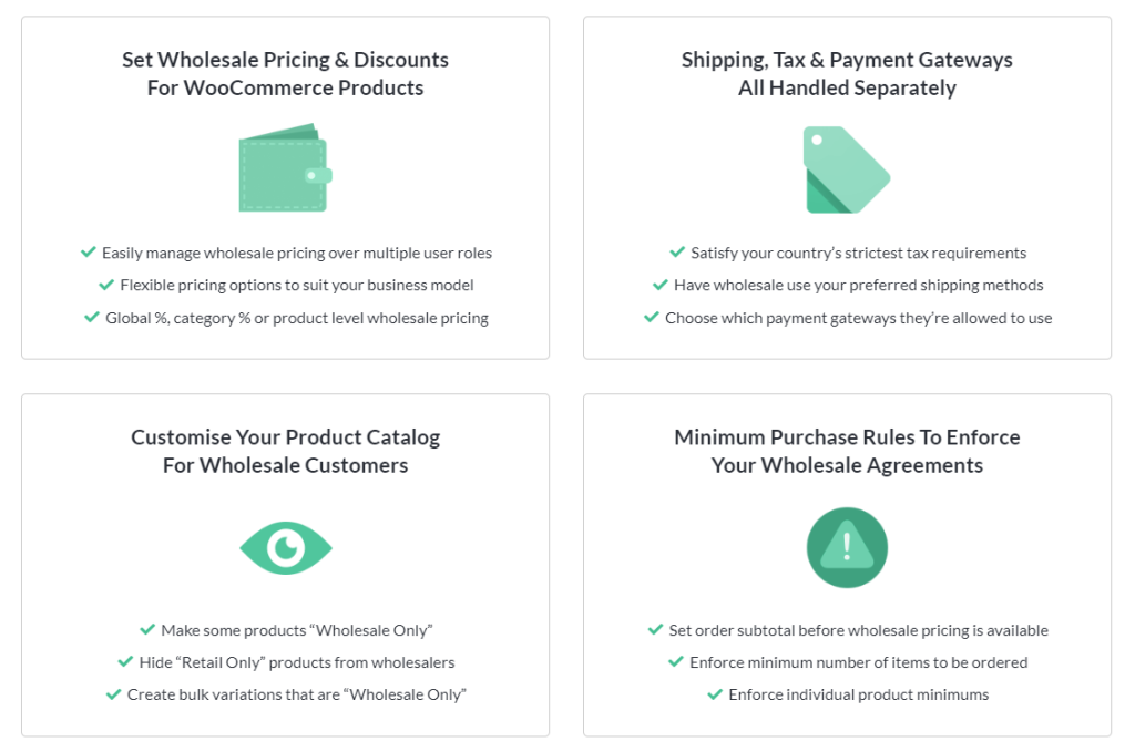 A list of Wholesale Prices Premium's core features, including wholesale pricing, conditional shipping & payments, and minimum purchase requirements. 