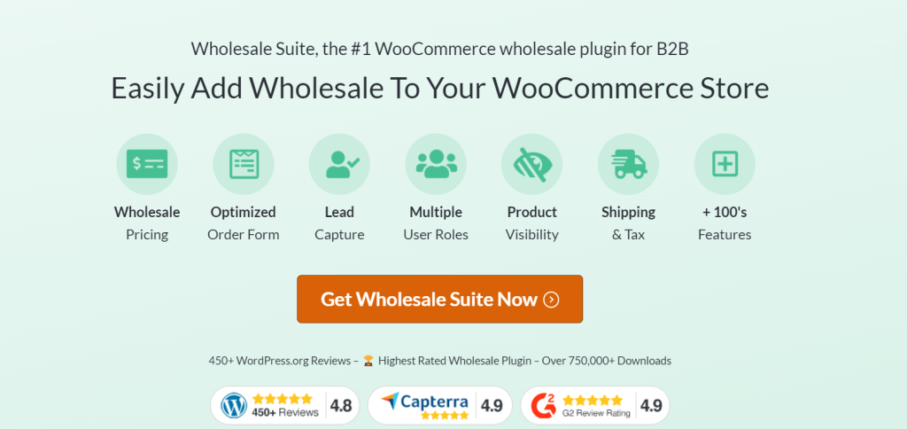 Wholesale Suite's core features, including wholesale pricing, order forms, lead capture and flexible payment terms. 