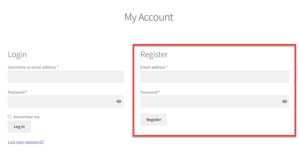 An image showing the default interface of WooCommerce registration. 