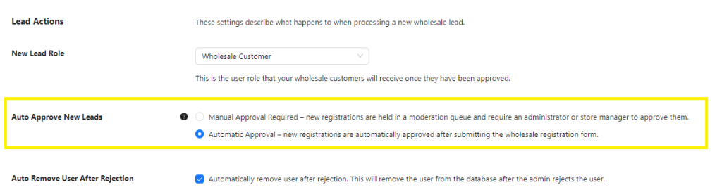 Image of the configuration of manual or automatic lead approval process options in the Wholesale Lead Capture settings.