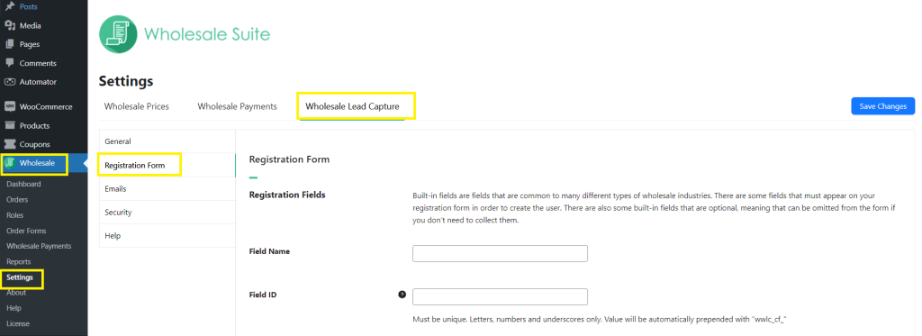 Wholesale Lead Capture's official settings dashboard. 