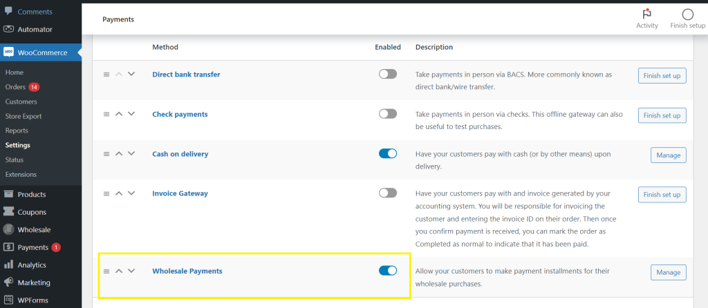 Screenshot of the WooCommerce payments settings page, showing how to enable Wholesale Payments. 