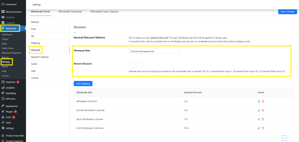 Image of Wholesale Prices Premium's settings page where users can set bulk order discounts for user roles. 