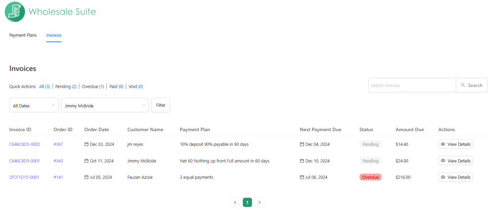 Wholesale Suite invoices dashboard showing a list of payment plan invoices