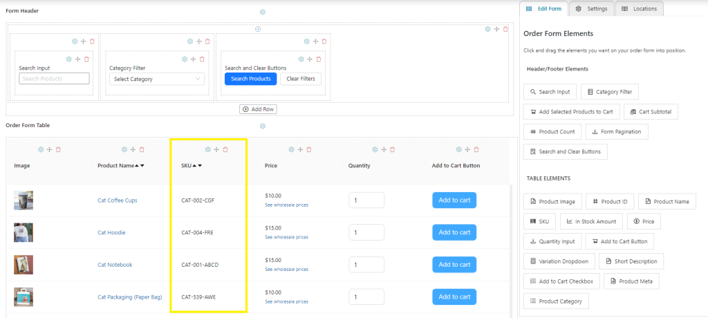 Screenshot of the Form Editor, showing the addition of an SKU column in the Order Form Table.