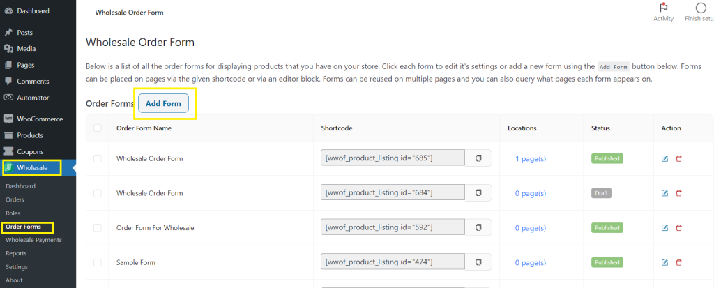 Wholesale Order Form page in WooCommerce, showing a list of order forms with options to add, edit, or delete forms.