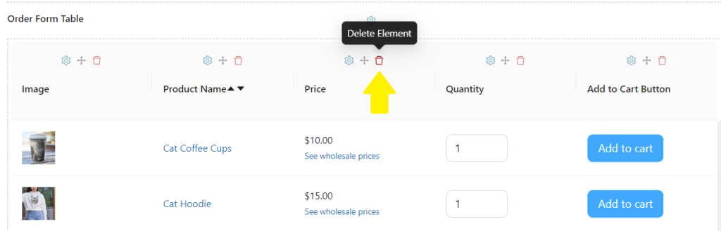 Screenshot of Wholesale Order Form's editor showing how to delete table elements. 