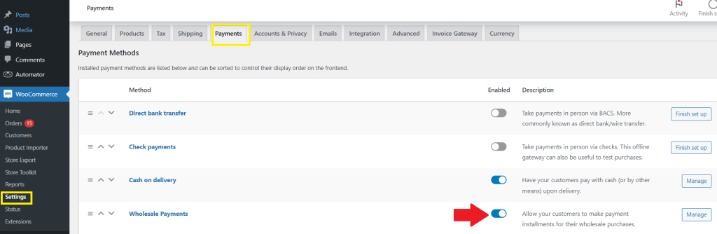 Screenshot of WooCommerce settings in WordPress, showing payment methods with Wholesale Payments enabled.