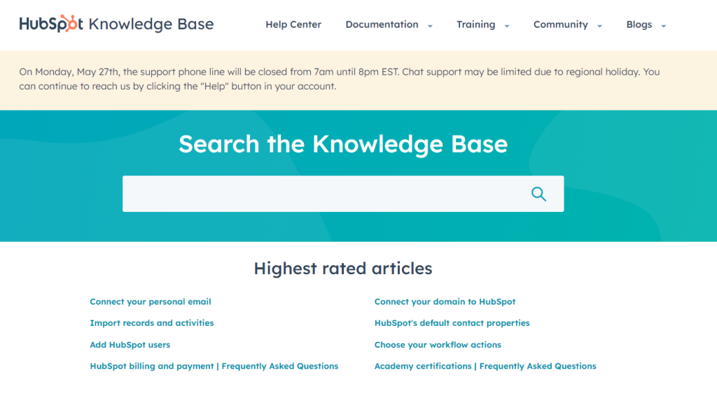 HubSpot's knowledge base section