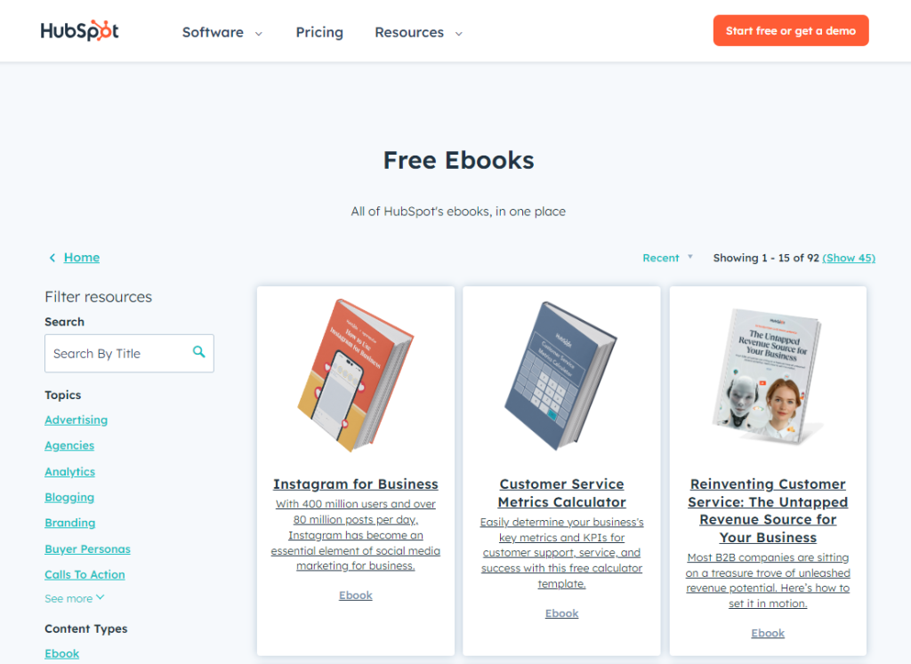 A screenshot of Hubspot's ebook hub, featuring resources about social media marketing and customer service. 