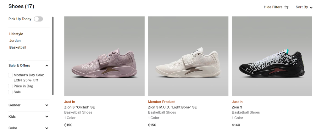 Website showcasing footwear items in different variations. 